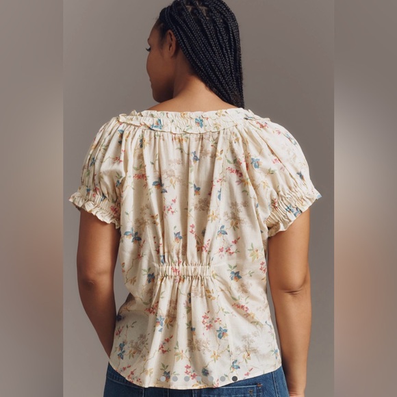 Anthropologie Cream Floral Ruffle Blouse - Picture 7 of 15